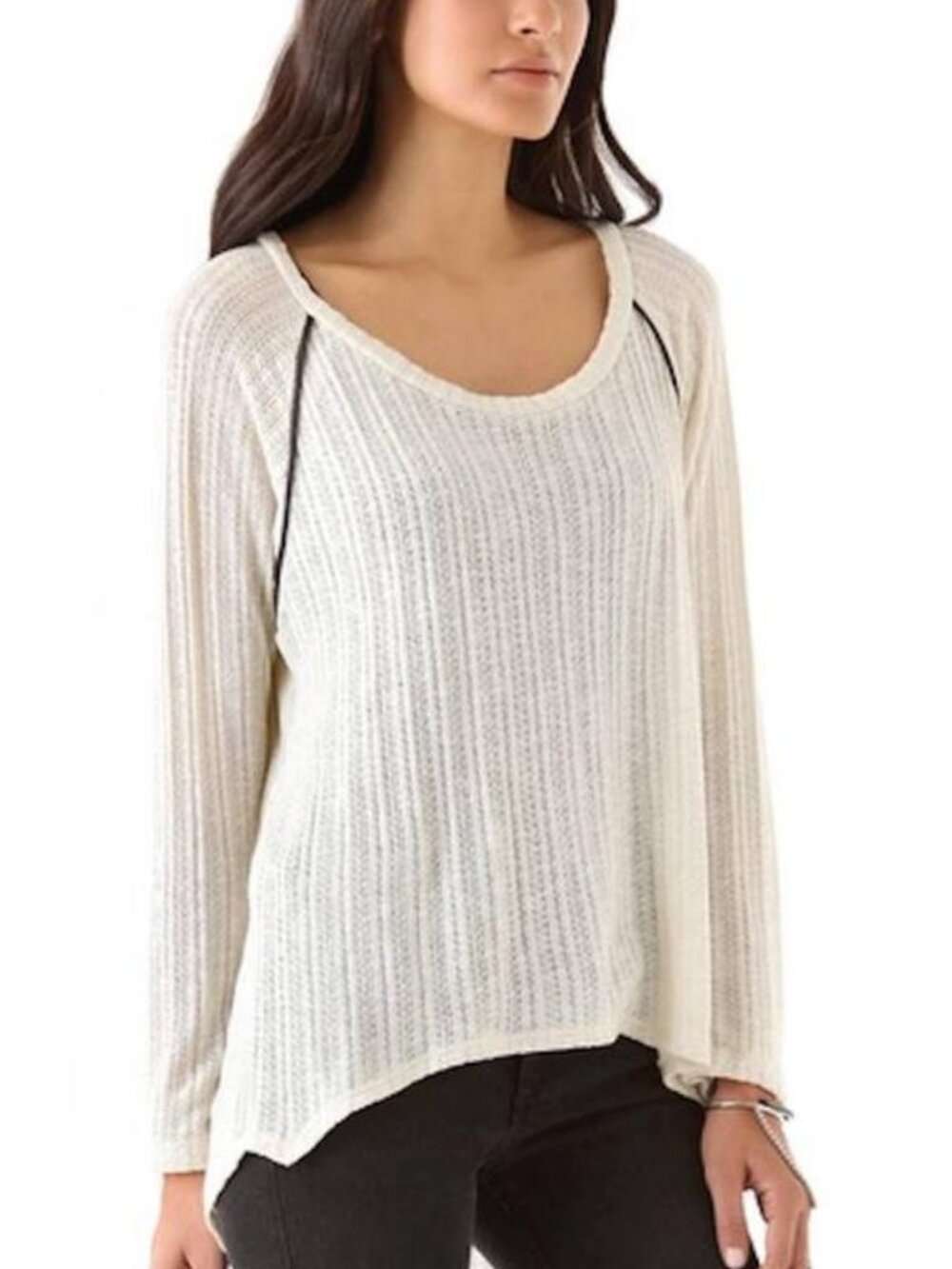 LNA Leather Trim Sweater Cream piping loose knit Top uneven hem semi Sheer NEW